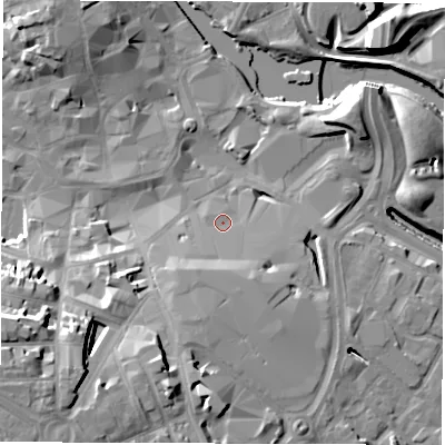 Shaded relief map of the ground around DE12PR, computed from Environment Agency LiDAR. The ground here sits at about 48 m above sea level and falls 27 m across the surrounding 800 m. Surface water reaching this point runs off ground lying to the south-south-west, 8.8 m higher.