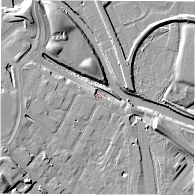Shaded relief map of the ground around DE12PW, computed from Environment Agency LiDAR. The ground here sits at about 48 m above sea level and falls 20 m across the surrounding 800 m. Surface water reaching this point runs off ground lying to the north-west, 1.4 m higher.