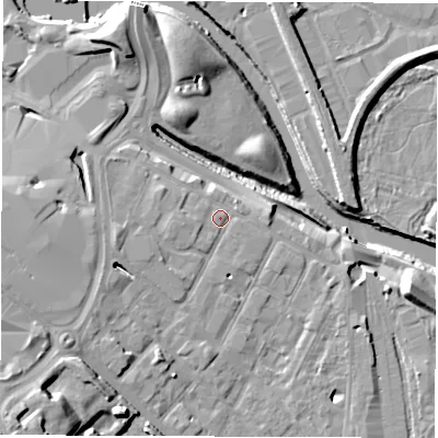 Shaded relief map of the ground around DE12PZ, computed from Environment Agency LiDAR. The ground here sits at about 49 m above sea level and falls 22 m across the surrounding 800 m. Surface water reaching this point runs off ground lying to the west-south-west, 5.0 m higher.
