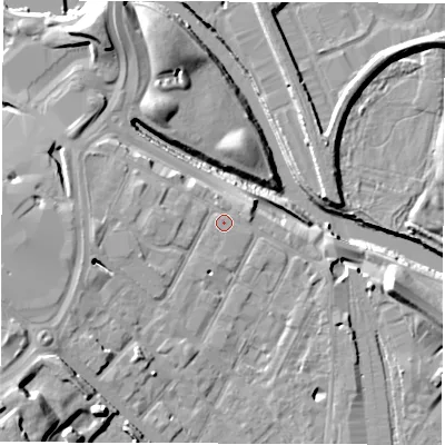 Shaded relief map of the ground around DE12QD, computed from Environment Agency LiDAR. The ground here sits at about 49 m above sea level and falls 22 m across the surrounding 800 m. Surface water reaching this point runs off ground lying to the west-south-west, 5.0 m higher.