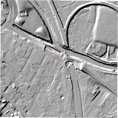 Shaded relief map of the ground around DE12QE, computed from Environment Agency LiDAR. The ground here sits at about 48 m above sea level and falls 15 m across the surrounding 800 m. Surface water reaching this point runs off ground lying to the east-south-east, 1.1 m higher.