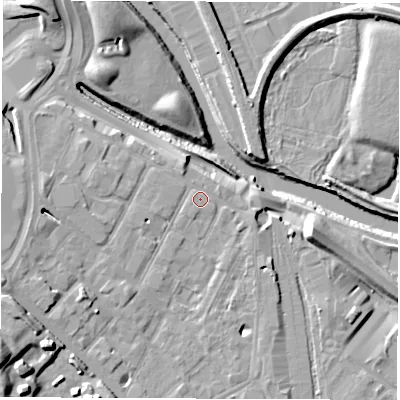 Shaded relief map of the ground around DE12QG, computed from Environment Agency LiDAR. The ground here sits at about 49 m above sea level and falls 19 m across the surrounding 800 m. Surface water reaching this point runs off ground lying to the north-north-west, 1.5 m higher.