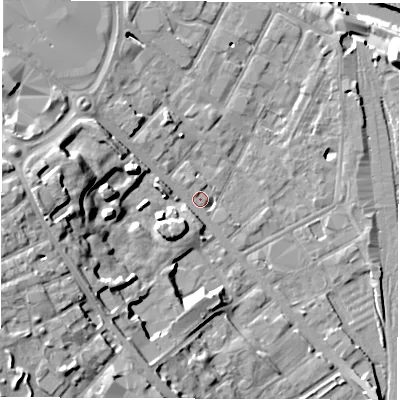 Shaded relief map of the ground around DE12QQ, computed from Environment Agency LiDAR. The ground here sits at about 49 m above sea level and falls 24 m across the surrounding 800 m. Surface water reaching this point runs off ground lying to the west-south-west, 16.5 m higher.