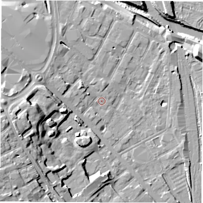 Shaded relief map of the ground around DE12RE, computed from Environment Agency LiDAR. The ground here sits at about 48 m above sea level and falls 24 m across the surrounding 800 m. Surface water reaching this point runs off ground lying to the west, 15.3 m higher.