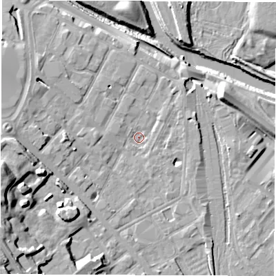 Shaded relief map of the ground around DE12RJ, computed from Environment Agency LiDAR. The ground here sits at about 47 m above sea level and falls 21 m across the surrounding 800 m. Surface water reaching this point runs off ground lying to the west, 7.4 m higher.