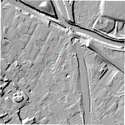 Shaded relief map of the ground around DE12RQ, computed from Environment Agency LiDAR. The ground here sits at about 48 m above sea level and falls 18 m across the surrounding 800 m. Surface water reaching this point runs off ground lying to the north-east, 1.3 m higher.