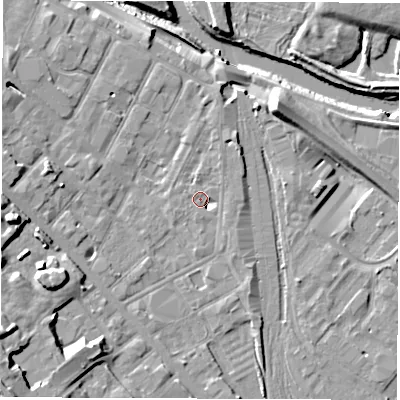 Shaded relief map of the ground around DE12RR, computed from Environment Agency LiDAR. The ground here sits at about 48 m above sea level and falls 19 m across the surrounding 800 m. Surface water reaching this point runs off ground lying to the north-north-east, 2.8 m higher.