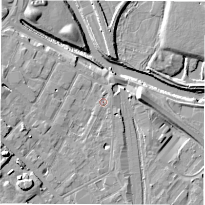 Shaded relief map of the ground around DE12RT, computed from Environment Agency LiDAR. The ground here sits at about 48 m above sea level and falls 15 m across the surrounding 800 m. Surface water reaching this point runs off ground lying to the north-east, 0.8 m higher.