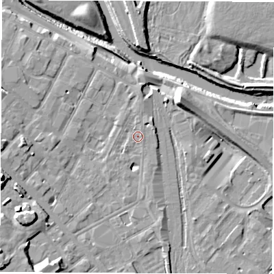 Shaded relief map of the ground around DE12RU, computed from Environment Agency LiDAR. The ground here sits at about 48 m above sea level and falls 15 m across the surrounding 800 m. Surface water reaching this point runs off ground lying to the north, 0.9 m higher.