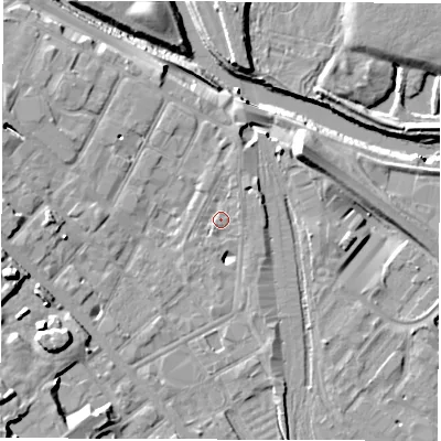 Shaded relief map of the ground around DE12RW, computed from Environment Agency LiDAR. The ground here sits at about 48 m above sea level and falls 17 m across the surrounding 800 m. Surface water reaching this point runs off ground lying to the north-north-east, 1.3 m higher.