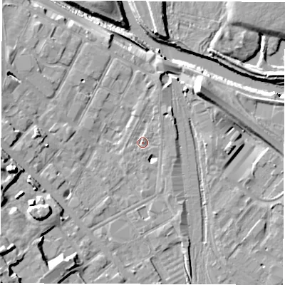 Shaded relief map of the ground around DE12RX, computed from Environment Agency LiDAR. The ground here sits at about 48 m above sea level and falls 19 m across the surrounding 800 m. Surface water reaching this point runs off ground lying to the north-north-east, 1.3 m higher.