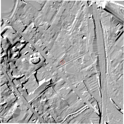 Shaded relief map of the ground around DE12SN, computed from Environment Agency LiDAR. The ground here sits at about 48 m above sea level and falls 23 m across the surrounding 800 m. Surface water reaching this point runs off ground lying to the west-south-west, 1.2 m higher.