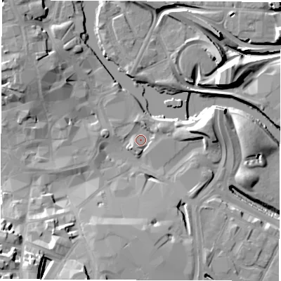 Shaded relief map of the ground around DE12XE, computed from Environment Agency LiDAR. The ground here sits at about 47 m above sea level and falls 26 m across the surrounding 800 m. Surface water reaching this point runs off ground lying to the north-north-east, 2.6 m higher.