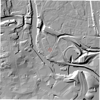 Shaded relief map of the ground around DE12ZG, computed from Environment Agency LiDAR. The ground here sits at about 47 m above sea level and falls 15 m across the surrounding 800 m. Surface water reaching this point runs off ground lying to the north-north-west, 0.8 m higher.