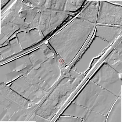 Shaded relief map of the ground around DE130AQ, computed from Environment Agency LiDAR. The ground here sits at about 44 m above sea level and falls 13 m across the surrounding 800 m. Surface water reaching this point runs off ground lying to the north-north-east, 10.9 m higher.
