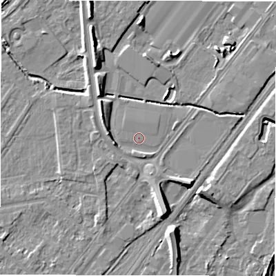 Shaded relief map of the ground around DE130AR, computed from Environment Agency LiDAR. The ground here sits at about 45 m above sea level and falls 10 m across the surrounding 800 m. Surface water reaching this point runs off ground lying to the north-west, 4.8 m higher.