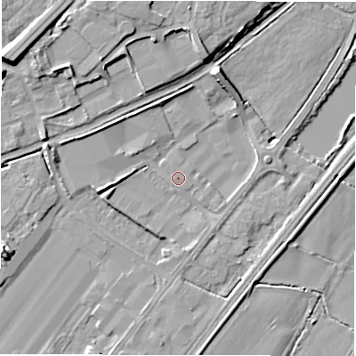 Shaded relief map of the ground around DE130AT, computed from Environment Agency LiDAR. The ground here sits at about 45 m above sea level and falls 13 m across the surrounding 800 m. Surface water reaching this point runs off ground lying to the west-south-west, 2.9 m higher.