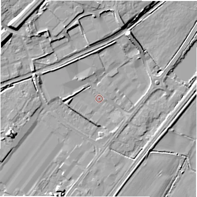 Shaded relief map of the ground around DE130BB, computed from Environment Agency LiDAR. The ground here sits at about 44 m above sea level and falls 14 m across the surrounding 800 m. Surface water reaching this point runs off ground lying to the west-south-west, 9.9 m higher.