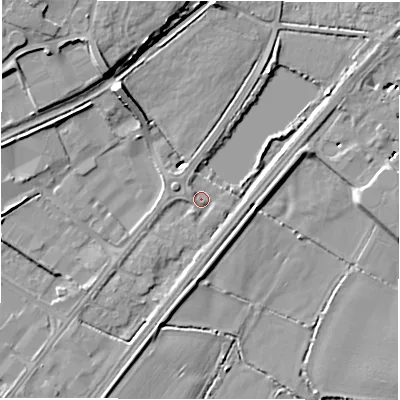 Shaded relief map of the ground around DE130BE, computed from Environment Agency LiDAR. The ground here sits at about 45 m above sea level and falls 12 m across the surrounding 800 m. Surface water reaching this point runs off ground lying to the south, 3.1 m higher.