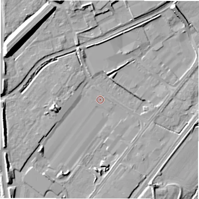 Shaded relief map of the ground around DE130BH, computed from Environment Agency LiDAR. The ground here sits at about 45 m above sea level and falls 13 m across the surrounding 800 m. Surface water reaching this point runs off ground lying to the west-south-west, 6.8 m higher.