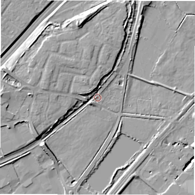 Shaded relief map of the ground around DE130BL, computed from Environment Agency LiDAR. The ground here sits at about 45 m above sea level and falls 19 m across the surrounding 800 m. Surface water reaching this point runs off ground lying to the north, 5.7 m higher.