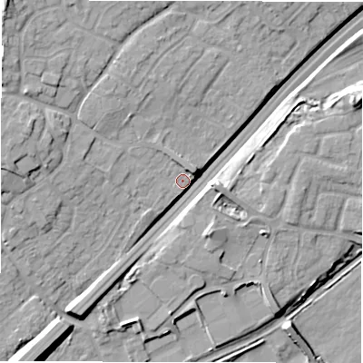 Shaded relief map of the ground around DE130BN, computed from Environment Agency LiDAR. The ground here sits at about 51 m above sea level and falls 16 m across the surrounding 800 m. Surface water reaching this point runs off ground lying to the west-north-west, 9.5 m higher.