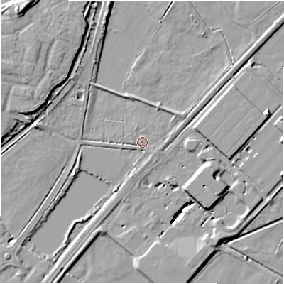 Shaded relief map of the ground around DE130DA, computed from Environment Agency LiDAR. The ground here sits at about 45 m above sea level and falls 19 m across the surrounding 800 m. Surface water reaching this point runs off ground lying to the south-east, 1.6 m higher.