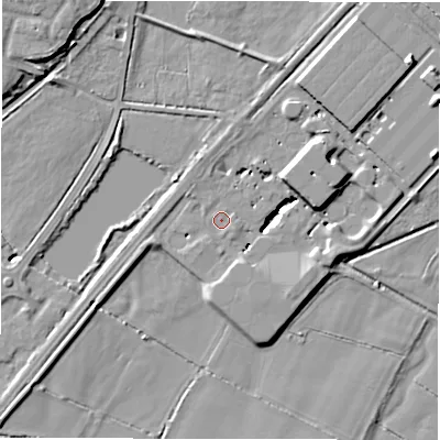 Shaded relief map of the ground around DE130DB, computed from Environment Agency LiDAR. The ground here sits at about 45 m above sea level and falls 14 m across the surrounding 800 m. Surface water reaching this point runs off ground lying to the east, 12.0 m higher.