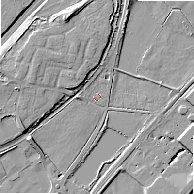 Shaded relief map of the ground around DE130DF, computed from Environment Agency LiDAR. The ground here sits at about 45 m above sea level and falls 19 m across the surrounding 800 m. Surface water reaching this point runs off ground lying to the north-west, 1.4 m higher.
