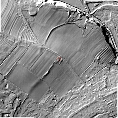 Shaded relief map of the ground around DE130DJ, computed from Environment Agency LiDAR. The ground here sits at about 56 m above sea level and falls 18 m across the surrounding 800 m. Surface water reaching this point runs off ground lying to the west, 4.5 m higher.