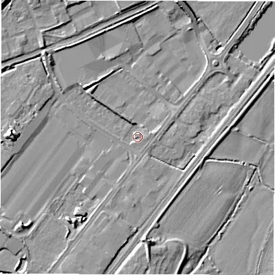 Shaded relief map of the ground around DE130DL, computed from Environment Agency LiDAR. The ground here sits at about 45 m above sea level and falls 14 m across the surrounding 800 m. Surface water reaching this point runs off ground lying to the east-south-east, 1.3 m higher.