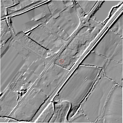 Shaded relief map of the ground around DE130DP, computed from Environment Agency LiDAR. The ground here sits at about 45 m above sea level and falls 10 m across the surrounding 800 m. Surface water reaching this point runs off ground lying to the south-west, 3.0 m higher.