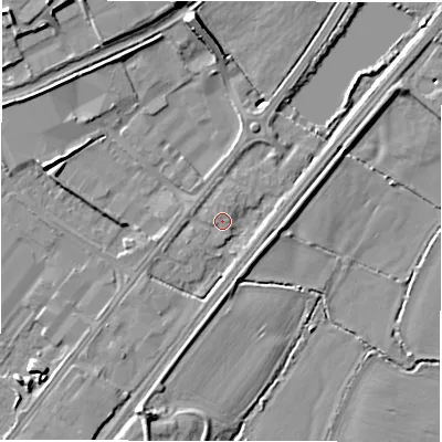 Shaded relief map of the ground around DE130DR, computed from Environment Agency LiDAR. The ground here sits at about 45 m above sea level and falls 11 m across the surrounding 800 m. Surface water reaching this point runs off ground lying to the south-west, 3.0 m higher.