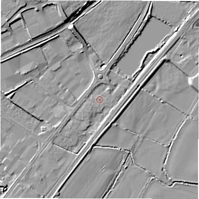 Shaded relief map of the ground around DE130DS, computed from Environment Agency LiDAR. The ground here sits at about 44 m above sea level and falls 11 m across the surrounding 800 m. Surface water reaching this point runs off ground lying to the south-west, 2.9 m higher.