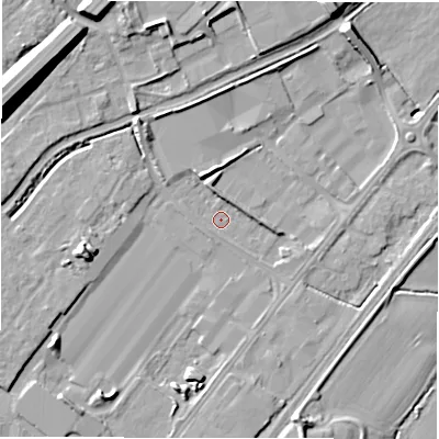 Shaded relief map of the ground around DE130DT, computed from Environment Agency LiDAR. The ground here sits at about 44 m above sea level and falls 15 m across the surrounding 800 m. Surface water reaching this point runs off ground lying to the west-south-west, 6.3 m higher.