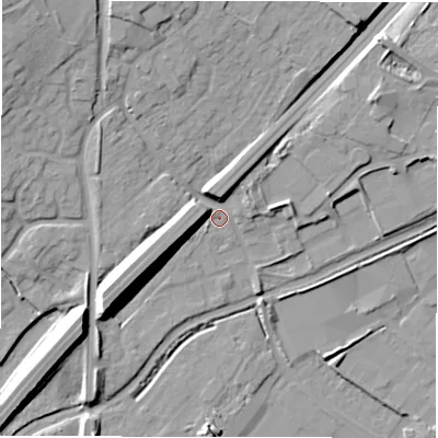 Shaded relief map of the ground around DE130DU, computed from Environment Agency LiDAR. The ground here sits at about 47 m above sea level and falls 15 m across the surrounding 800 m. Surface water reaching this point runs off ground lying to the north-north-west, 8.9 m higher.