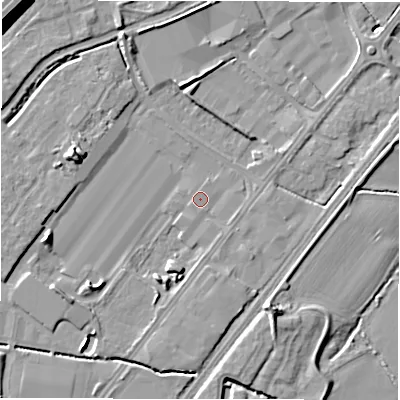 Shaded relief map of the ground around DE130FW, computed from Environment Agency LiDAR. The ground here sits at about 45 m above sea level and falls 15 m across the surrounding 800 m. Surface water reaching this point runs off ground lying to the south, 1.3 m higher.