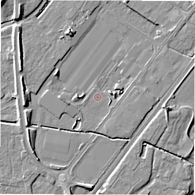 Shaded relief map of the ground around DE130FY, computed from Environment Agency LiDAR. The ground here sits at about 45 m above sea level and falls 12 m across the surrounding 800 m. Surface water reaching this point runs off ground lying to the east-south-east, 1.9 m higher.
