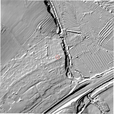 Shaded relief map of the ground around DE130HL, computed from Environment Agency LiDAR. The ground here sits at about 51 m above sea level and falls 14 m across the surrounding 800 m. Surface water reaching this point runs off ground lying to the south-west, 2.0 m higher.