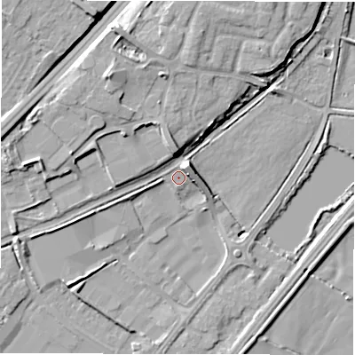 Shaded relief map of the ground around DE130LA, computed from Environment Agency LiDAR. The ground here sits at about 46 m above sea level and falls 13 m across the surrounding 800 m. Surface water reaching this point runs off ground lying to the north-east, 4.3 m higher.