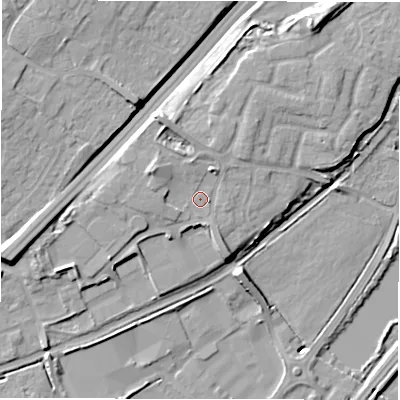 Shaded relief map of the ground around DE130LB, computed from Environment Agency LiDAR. The ground here sits at about 50 m above sea level and falls 16 m across the surrounding 800 m. Surface water reaching this point runs off ground lying to the north-north-east, 2.7 m higher.
