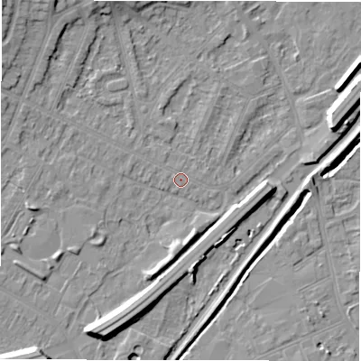 Shaded relief map of the ground around DE130SD, computed from Environment Agency LiDAR. The ground here sits at about 47 m above sea level and falls 12 m across the surrounding 800 m. Surface water reaching this point runs off ground lying to the north-west, 7.3 m higher.