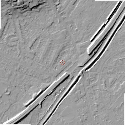 Shaded relief map of the ground around DE130SE, computed from Environment Agency LiDAR. The ground here sits at about 46 m above sea level and falls 16 m across the surrounding 800 m. Surface water reaching this point runs off ground lying to the north-west, 14.1 m higher.