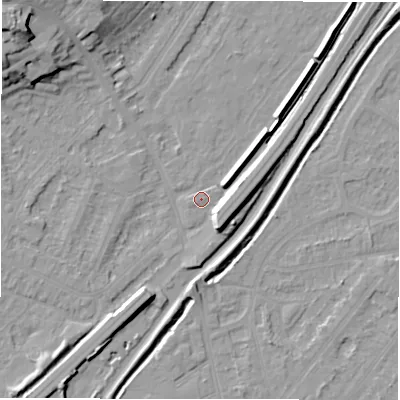 Shaded relief map of the ground around DE130SJ, computed from Environment Agency LiDAR. The ground here sits at about 47 m above sea level and falls 19 m across the surrounding 800 m. Surface water reaching this point runs off ground lying to the south-east, 5.8 m higher.