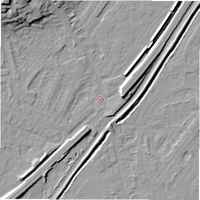 Shaded relief map of the ground around DE130SL, computed from Environment Agency LiDAR. The ground here sits at about 46 m above sea level and falls 21 m across the surrounding 800 m. Surface water reaching this point runs off ground lying to the north-west, 11.9 m higher.