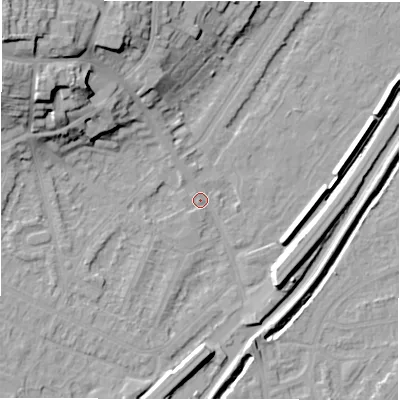 Shaded relief map of the ground around DE130SW, computed from Environment Agency LiDAR. The ground here sits at about 47 m above sea level and falls 26 m across the surrounding 800 m. Surface water reaching this point runs off ground lying to the north-west, 15.9 m higher.