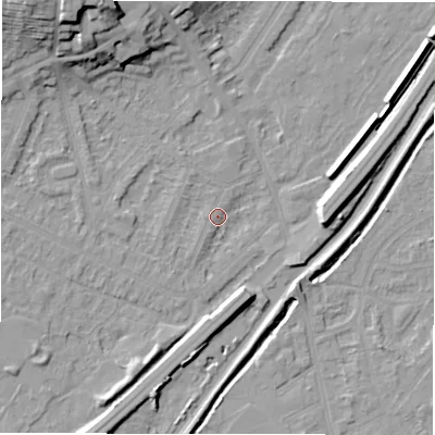Shaded relief map of the ground around DE130TT, computed from Environment Agency LiDAR. The ground here sits at about 47 m above sea level and falls 22 m across the surrounding 800 m. Surface water reaching this point runs off ground lying to the north-west, 19.6 m higher.
