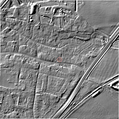 Shaded relief map of the ground around DE137AA, computed from Environment Agency LiDAR. The ground here sits at about 53 m above sea level and falls 8 m across the surrounding 800 m. Surface water reaching this point runs off ground lying to the south-south-west, 2.6 m higher.