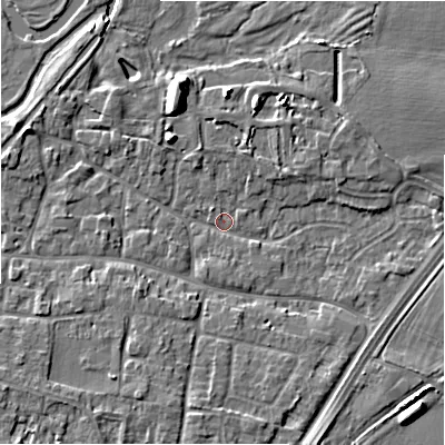 Shaded relief map of the ground around DE137AJ, computed from Environment Agency LiDAR. The ground here sits at about 53 m above sea level and falls 8 m across the surrounding 800 m. Surface water reaching this point runs off ground lying to the north-north-west, 6.5 m higher.