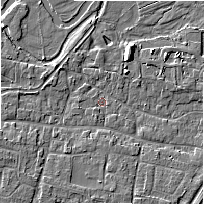 Shaded relief map of the ground around DE137AN, computed from Environment Agency LiDAR. The ground here sits at about 53 m above sea level and falls 8 m across the surrounding 800 m. Surface water reaching this point runs off ground lying to the west-south-west, 2.5 m higher.